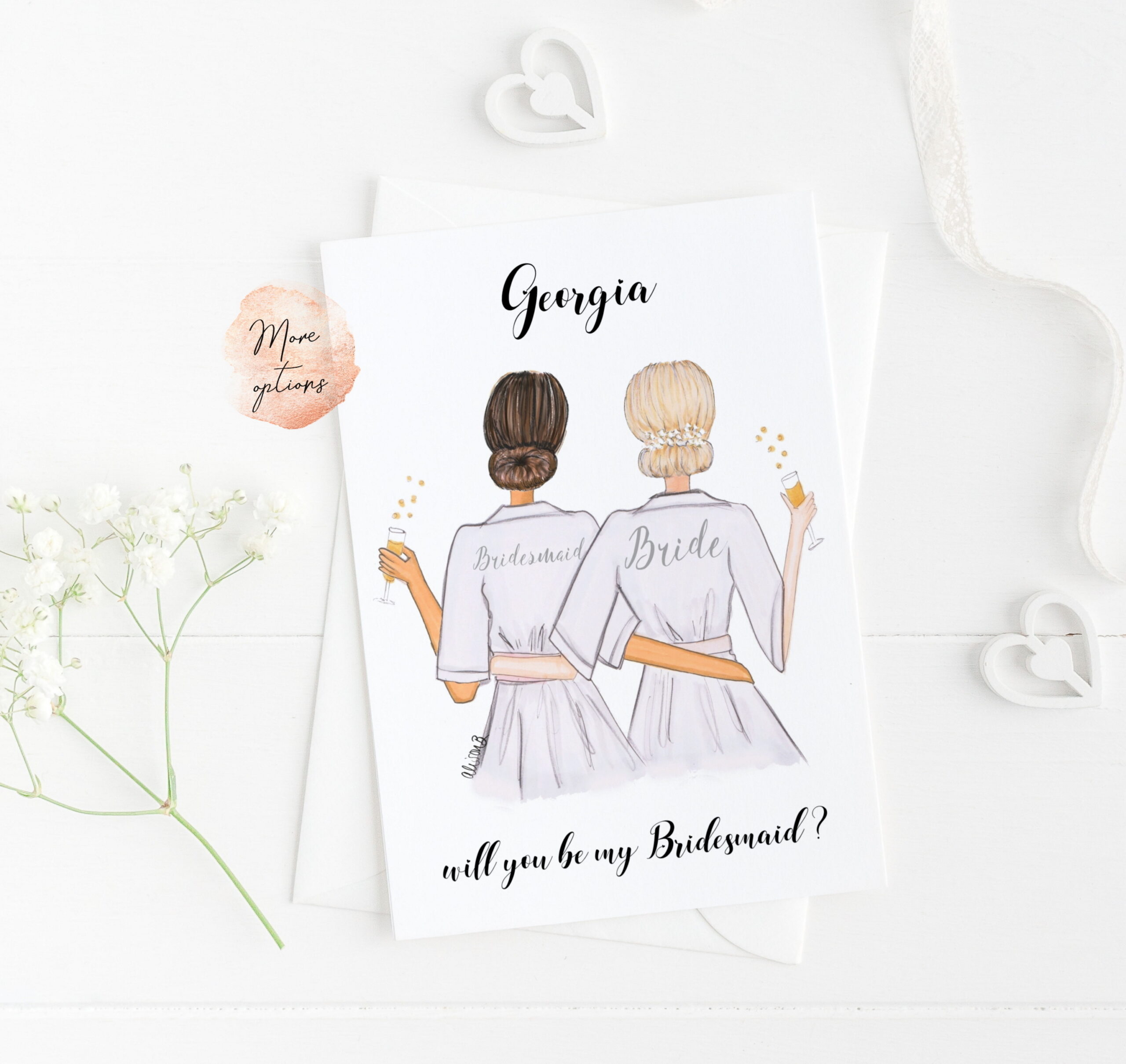 Personalised Will you be my Maid of Honour Card Maid of Honor White Roses Bridesmaid Card Proposal Bride /& Bridesmaid Illustration
