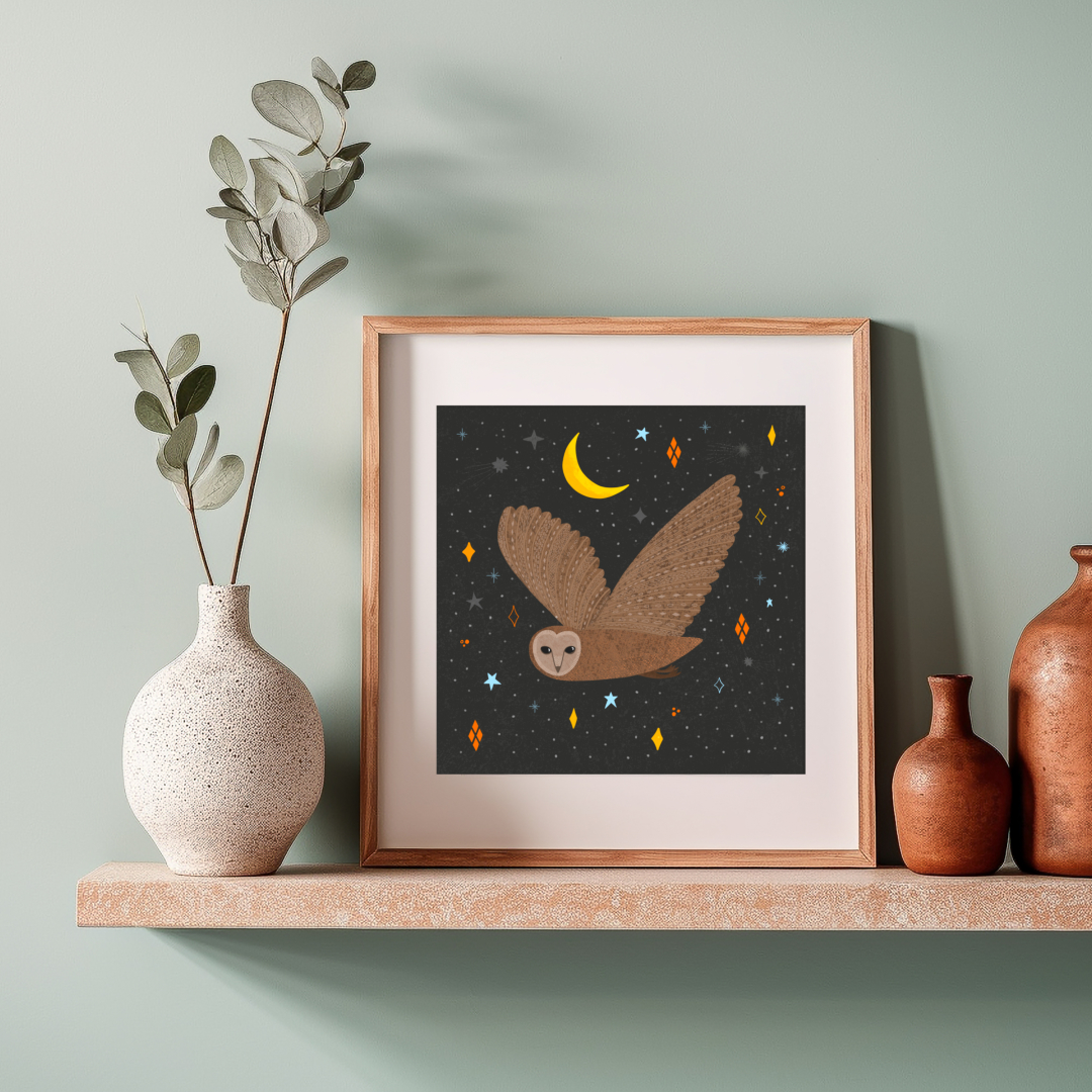 The Owl and the Moon - a square art print with a white border depicting a beautiful owl swooping through the air on a beautiful dark background but with little pops of colour. Made and printedin Ireland.