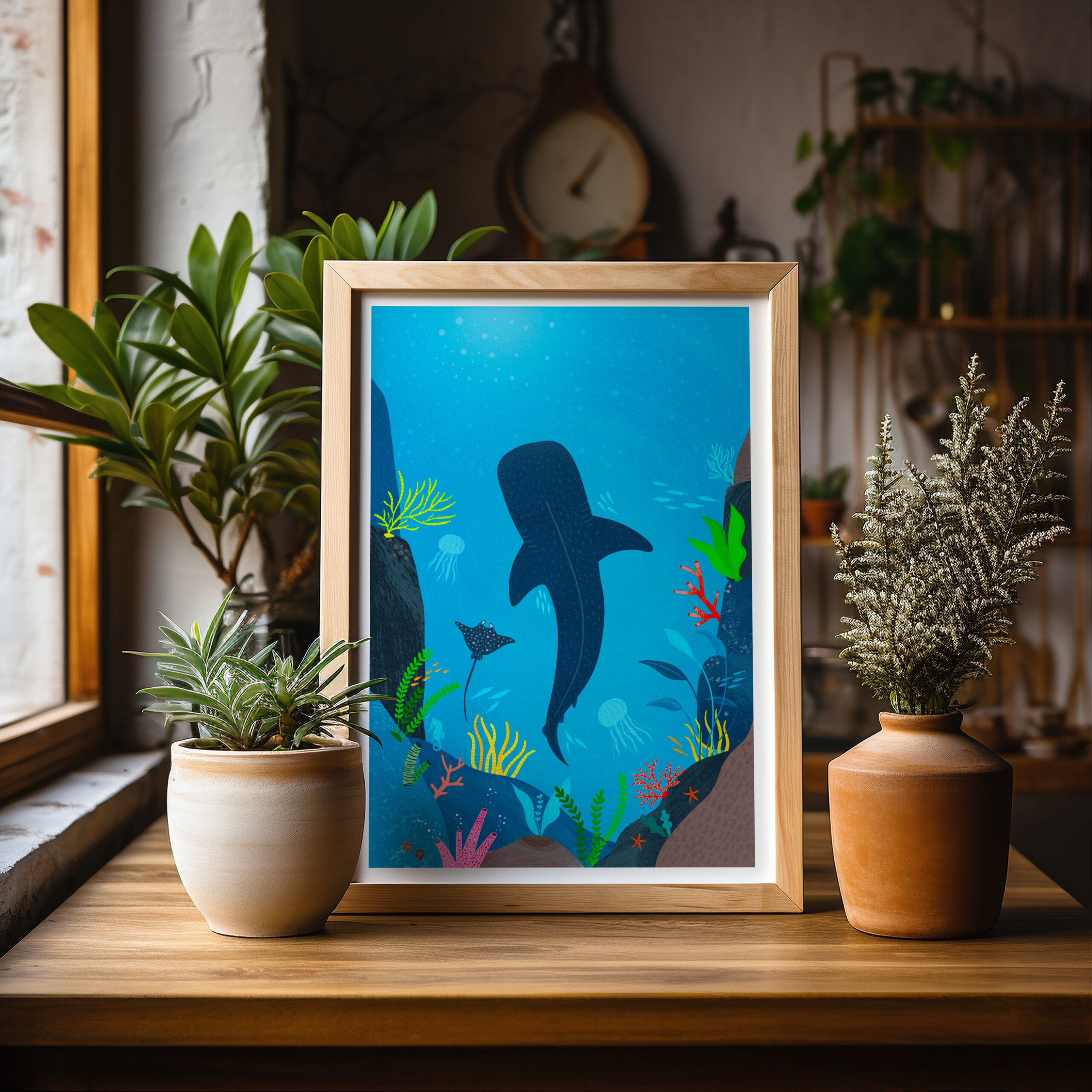 Gentle Giant, a whale shark accompanied by a manta ray in the ocean by Fleur & Mimi Art Prints made in Co. Tipperary
