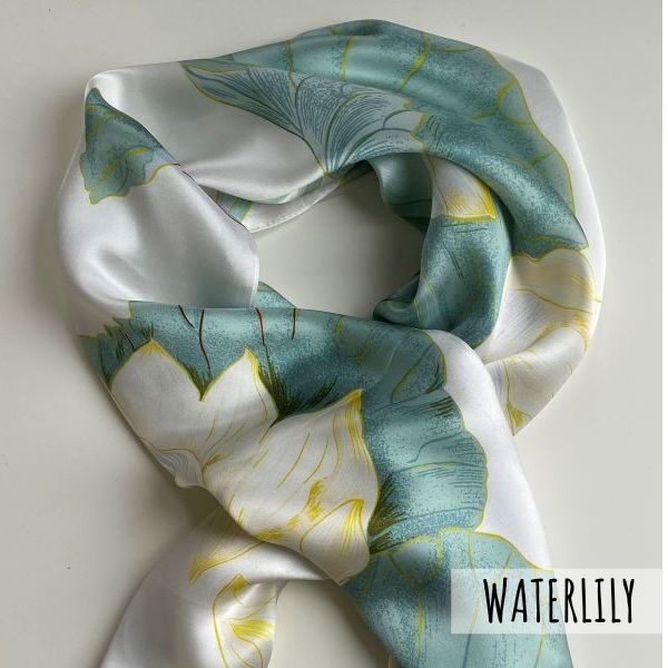 Green and White Silk Scarf - Waterlily
