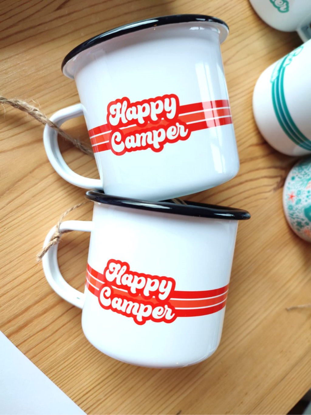 Enamel Mug - Happy Camer printed on a white enamel mug with a blak rim. Designed and printed in Ireland.