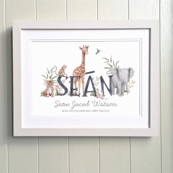 framed print of Name Sean surrounded by illustrated giraffe, elephant, tiger, meerkat and monkey