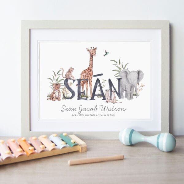 framed print of Name Sean surrounded by illustrated giraffe, elephant, tiger, meerkat and monkey