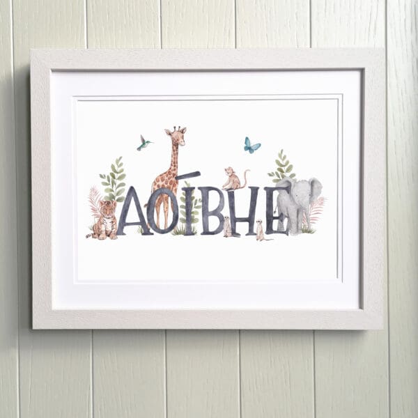 Framed image of a Name surrounded by safari animals illustrations.