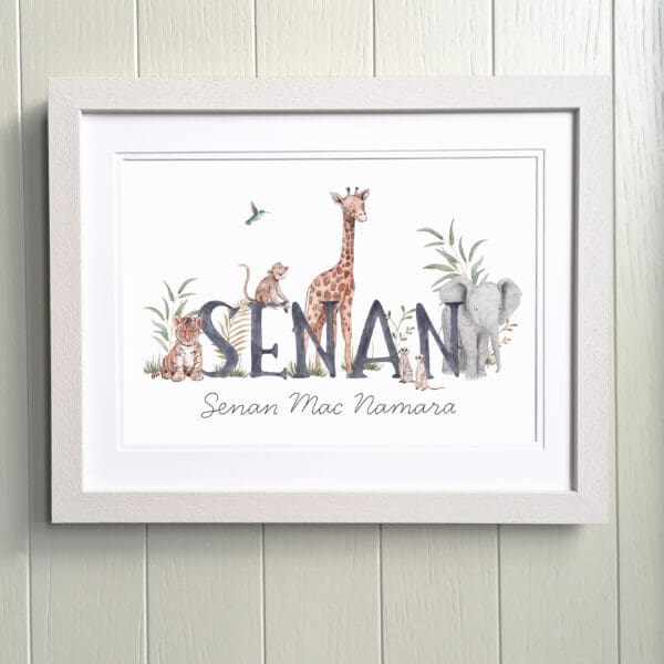 framed print of Name Senan surrounded by illustrated giraffe, elephant, tiger, meerkat and monkey