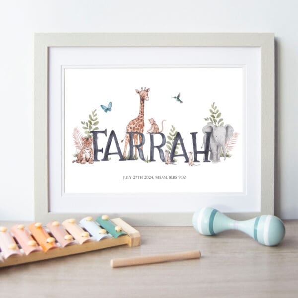 Framed image of a Name surrounded by safari animals illustrations.