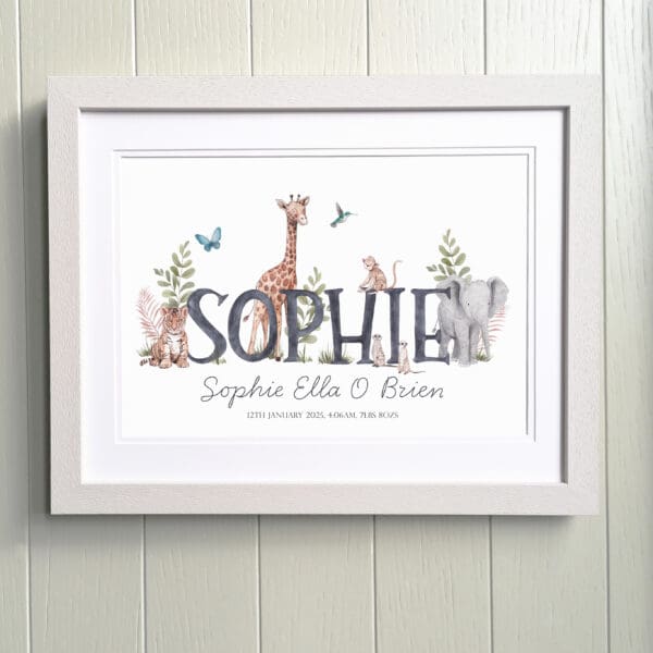 Framed image of a Name surrounded by safari animals illustrations.