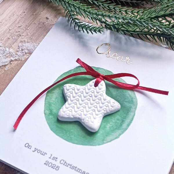 Personalized First Christmas Card: Clay Star Keepsake, Handmade Irish Design - Image 2