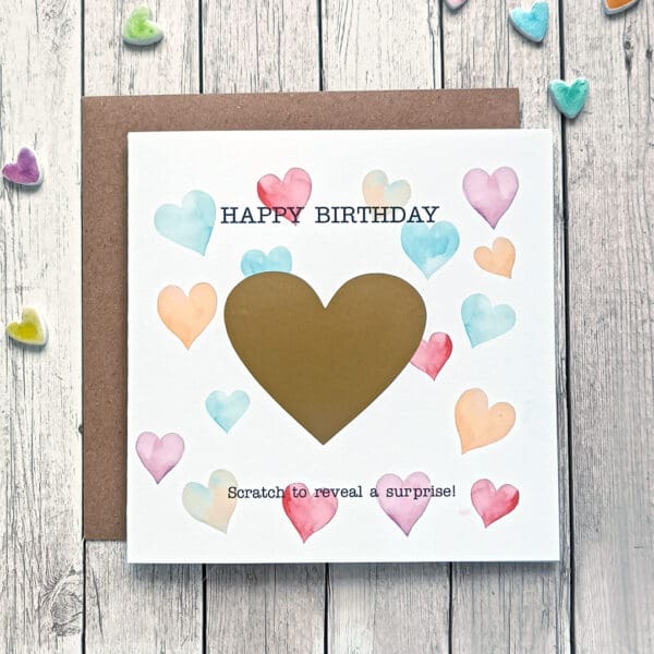 Custom Scratch Off Birthday Card: Watercolor Hearts, Surprise Reveal - Image 2