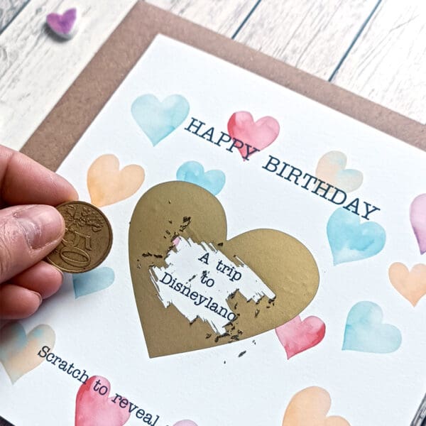 Custom Scratch Off Birthday Card: Watercolor Hearts, Surprise Reveal