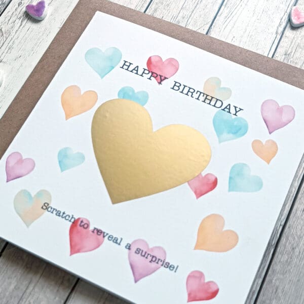Custom Scratch Off Birthday Card: Watercolor Hearts, Surprise Reveal - Image 3
