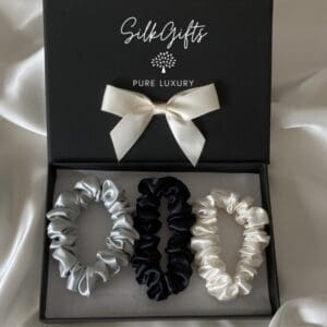 Set-of-3-Silk-Scrunchies Silver White, Black