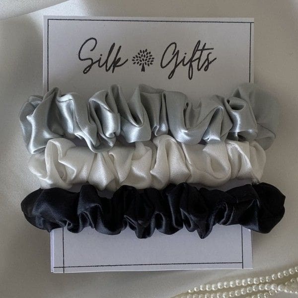 Silver White Black silk scrunchie