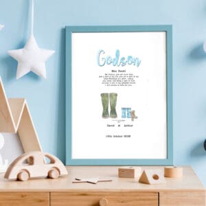 Personalized Godson Welly Boot Illustration Gift, Personalized godson illustration