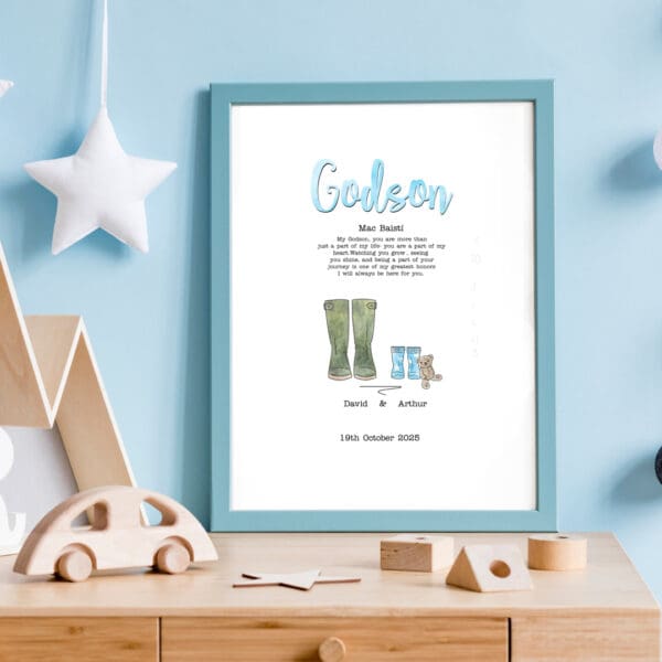 Personalized Godson Welly Boot Illustration Gift, Personalized godson illustration