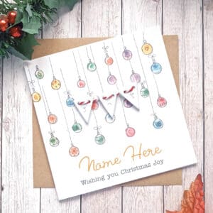 Personalized Christmas Bauble Card: Gold Foil Names, Handmade Clay Bunting