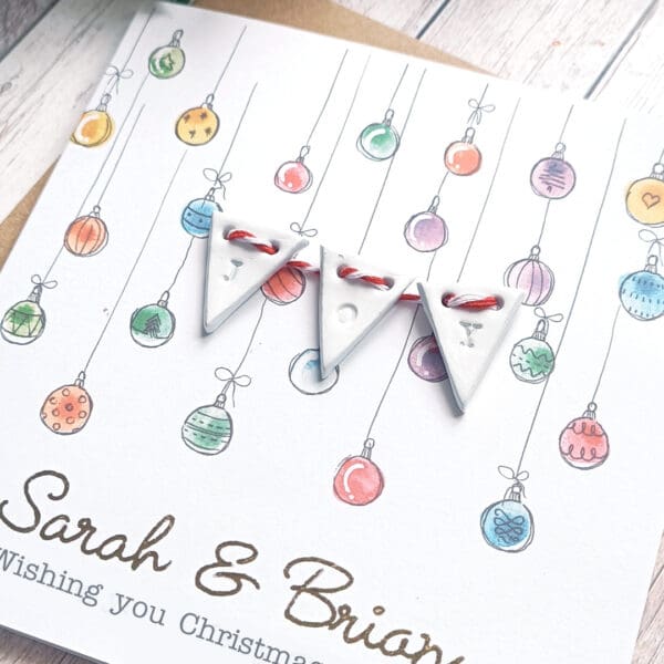 Personalized Christmas Bauble Card: Gold Foil Names, Handmade Clay Bunting - Image 2