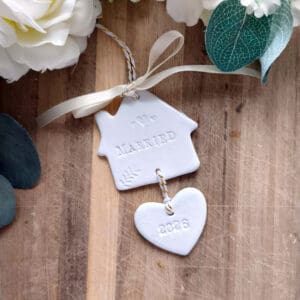 Married Clay House & Heart Ornament, Wedding gift, Handmade Irish Decoration